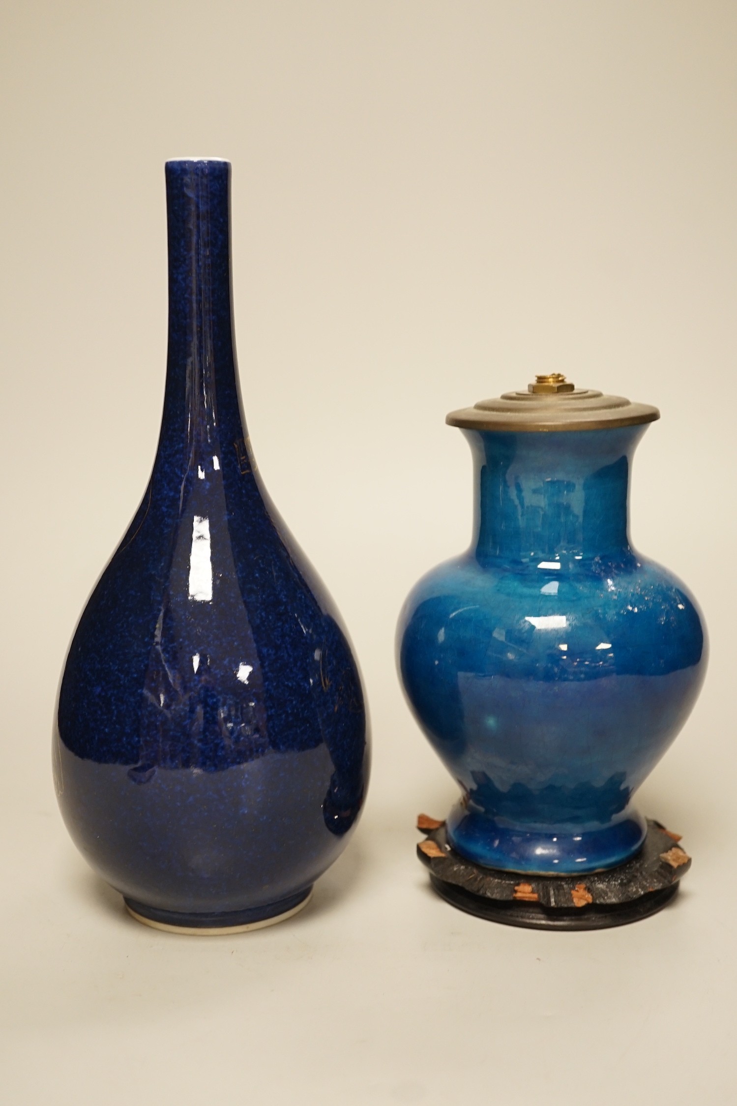 A Chinese blue glazed gilt decorated vase and a blue glazed table lamp base on stand, tallest 25cm